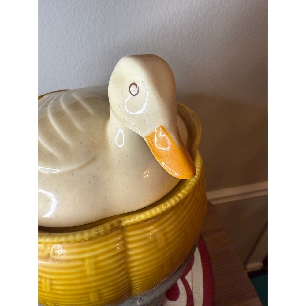 Vintage Los Angeles Pottery Duck on Nest Cookie Jar | Yellow Basketweave Ceramic - Picture 2 of 7